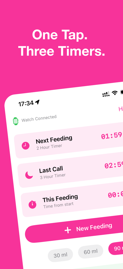 Benutzeroberfläche der Baby Timer-App, die drei Smart-Timer für Babyfütterung und Milchfrische anzeigt