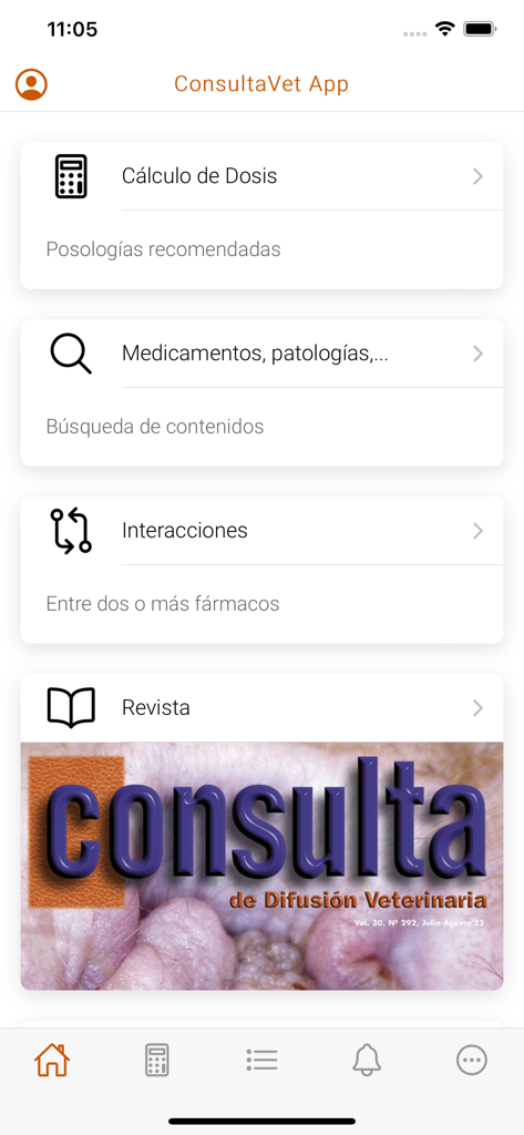 Menú principal de la aplicación móvil ConsultaVet que muestra herramientas veterinarias para el cálculo de dosis y recursos médicos.