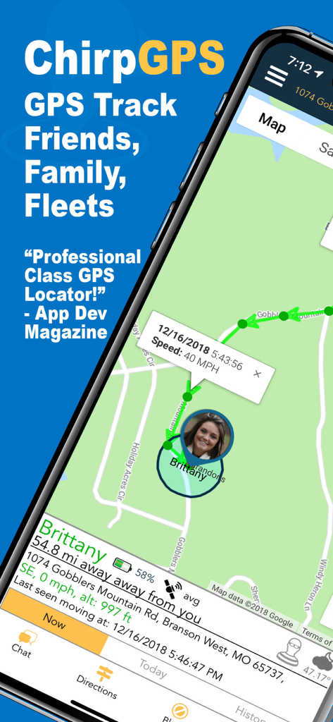 Chirp GPS app screen displaying real-time location tracking for family and fleets