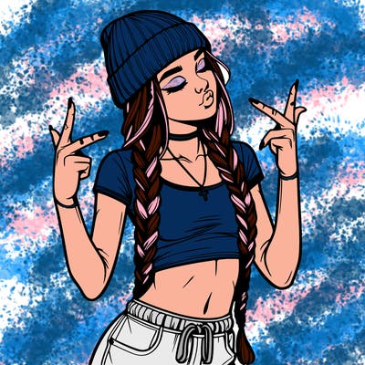 realistic teenage girl with braids and a beanie and crop top doing 🫶🏼