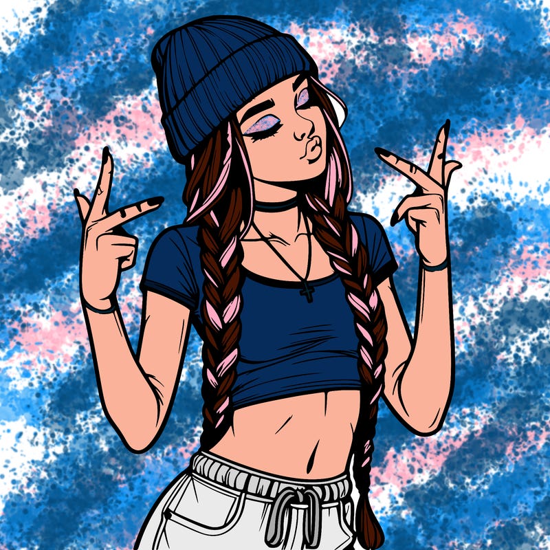 realistic teenage girl with braids and a beanie and crop top doing 🫶🏼