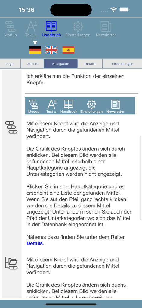 Pantalla del manual de la aplicación RatesBook que explica las funciones de los botones y la navegación en alemán