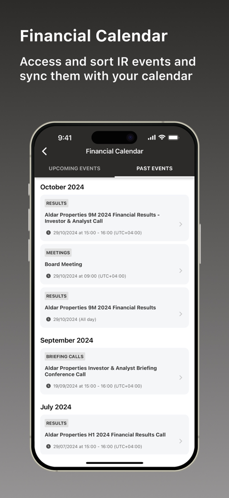 Financial calendar screen in the Aldar Investor Relations app displaying a list of past investor meetings and financial result announcements.