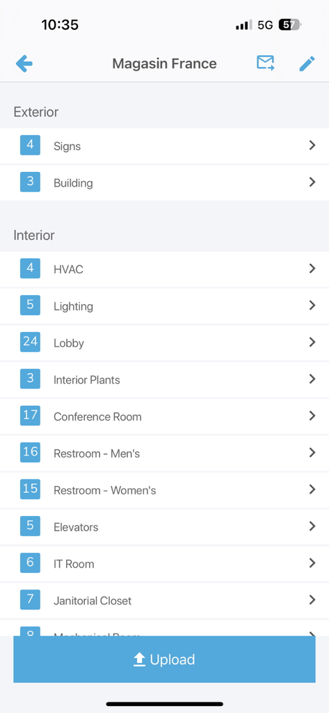 ServiceChannel - ServiceChannel mobile app showing a facility audit list with maintenance categories like HVAC lighting and restrooms