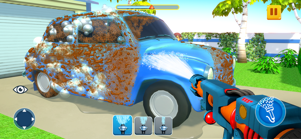 Car Washing Game: Car Clean 3D - Lavando um carro azul sujo com alta pressão em um jogo de simulação 3D satisfatório