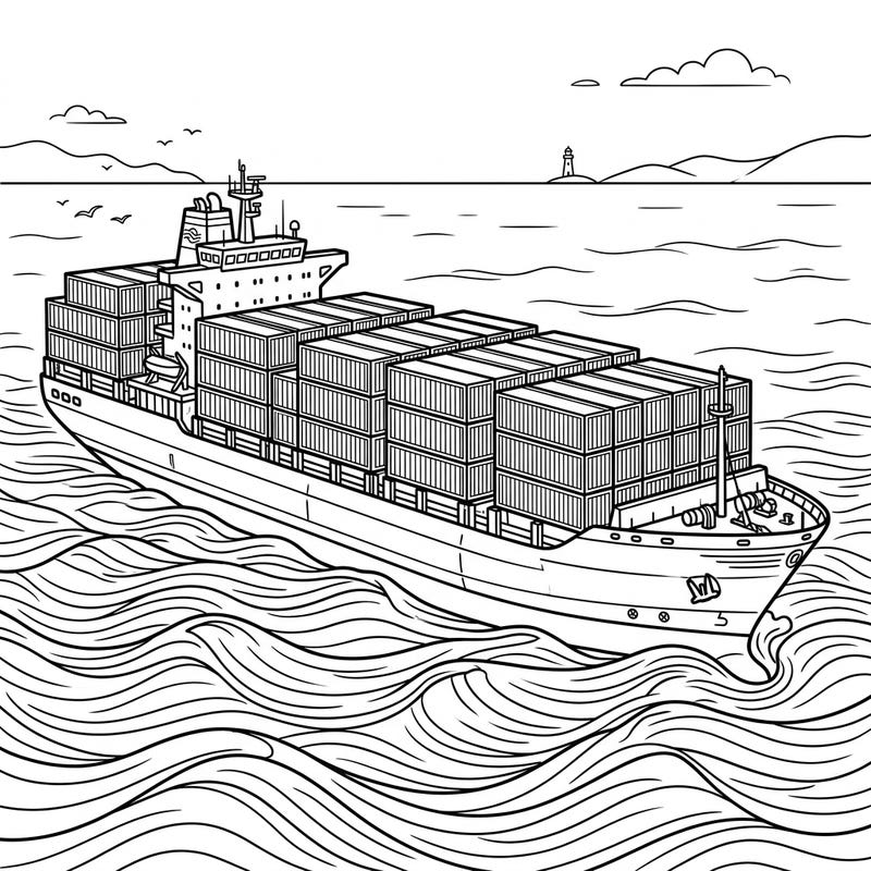 Embark on an impressive oceanic journey with this intricately detailed container ship coloring page. Discover the fascinating world of global trade as you bring this mighty vessel to life with your colors.