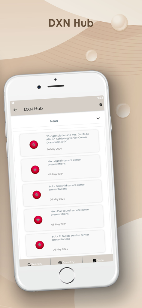 DXN APP - DXN Hub news section showing company updates and member rank achievements