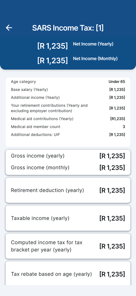 A detailed summary of South African income tax calculations showing yearly and monthly net income figures.