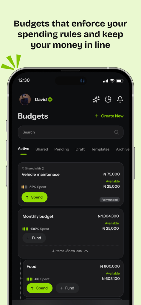 Delight: Plan, spend and grow - A smartphone screen displaying the Delight app budgeting dashboard with various spending categories and progress trackers