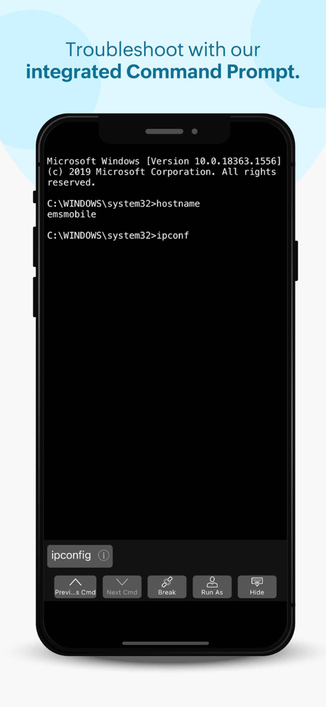 Endpoint Central MSP - Endpoint Central MSP mobile app showing a remote command prompt for IT troubleshooting