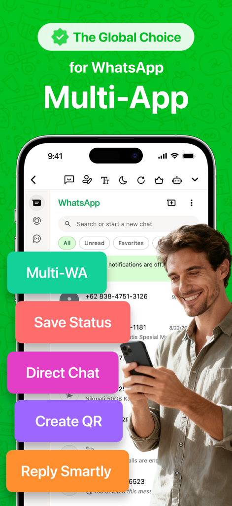 Web Scan - Dual Messenger App - Web Scan Dual Messenger App showing Multi WA Save Status and Direct Chat features