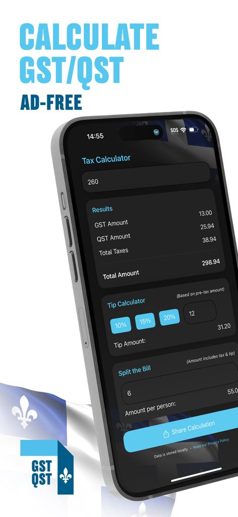 iPhone interface for the Quebec TPS TVQ tax calculator showing tax results, tip calculation based on pre-tax amount, and bill splitting features