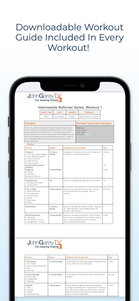 Pilates & Fitness TV - Mobile phone showing a downloadable Pilates Reformer workout guide with exercise notes