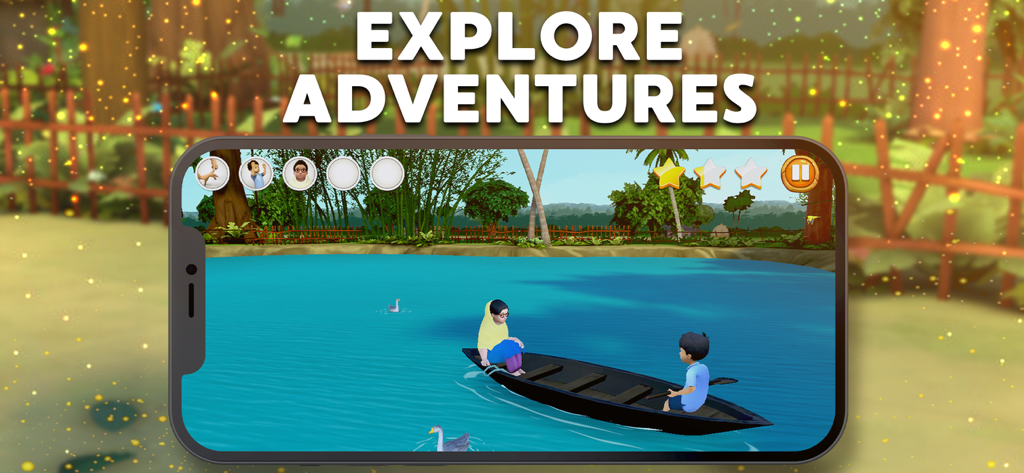 Meena Game 2 - Meena y un compañero en un bote de madera explorando un lago azul en un entorno 3D