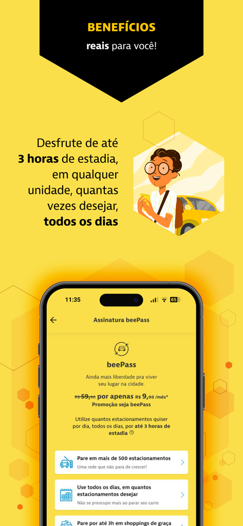 Hubees: Desconto ao estacionar - Hubees app screen displaying the beePass parking subscription offer and its benefits
