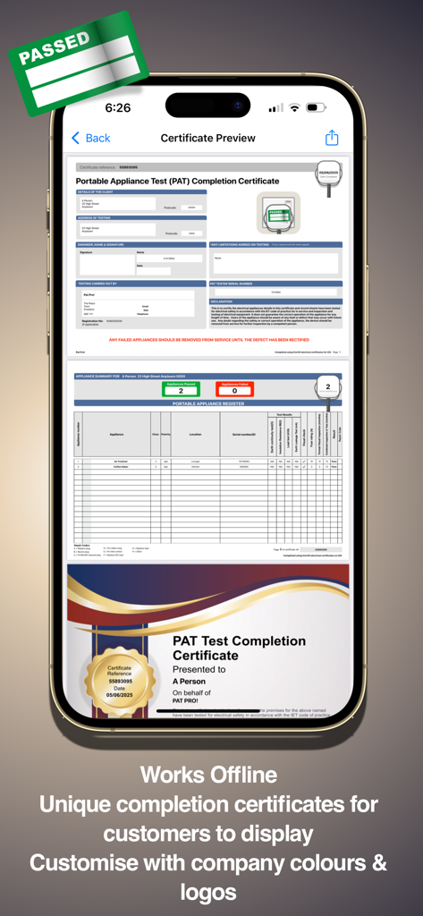 Pat Test Pro - A smartphone screen displaying a professional PAT test completion certificate with custom company branding