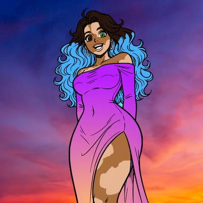 she has long curly hair an hourglass body shape that is very noticeable and she’s in an off the shoulder long dress that has a split up the thigh