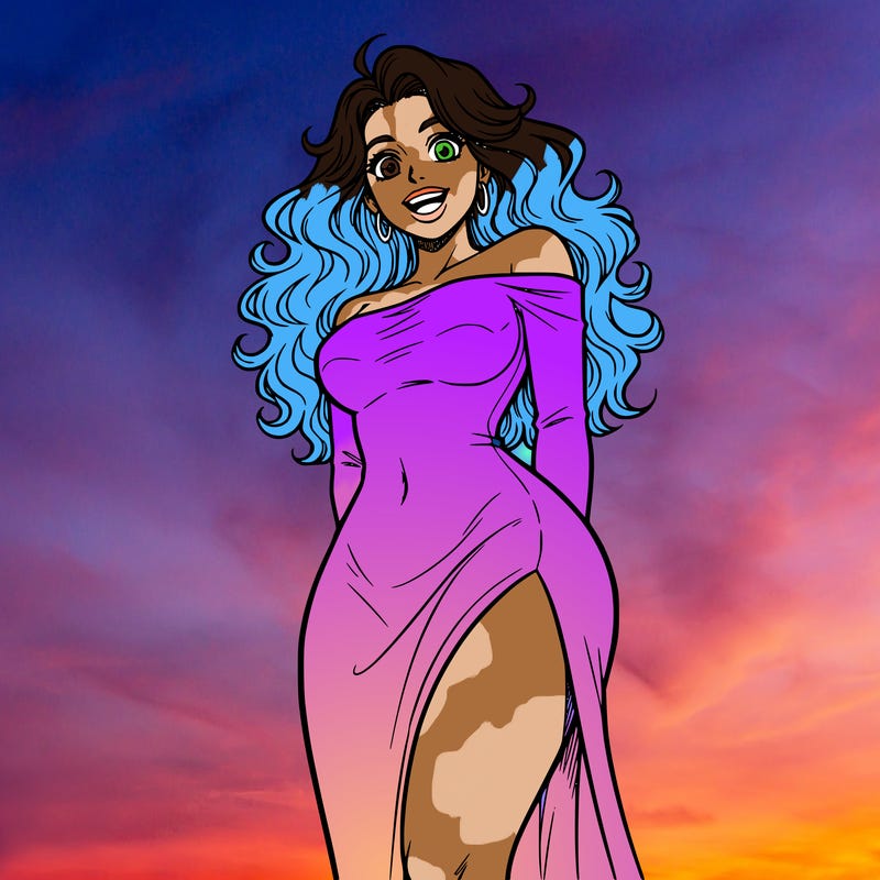 she has long curly hair an hourglass body shape that is very noticeable and she’s in an off the shoulder long dress that has a split up the thigh