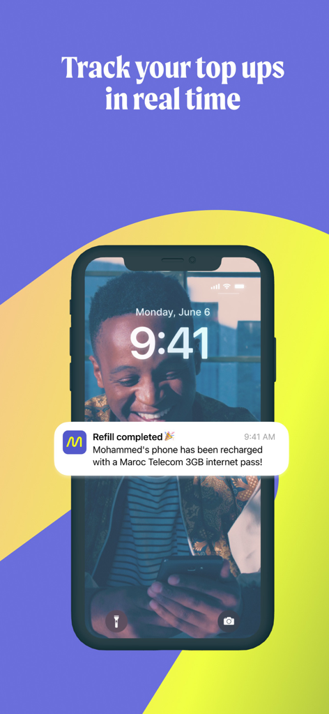 MONI | Mobile & Prepaid topups - Smartphone que muestra una notificación en tiempo real de MONI confirmando una recarga de crédito móvil exitosa