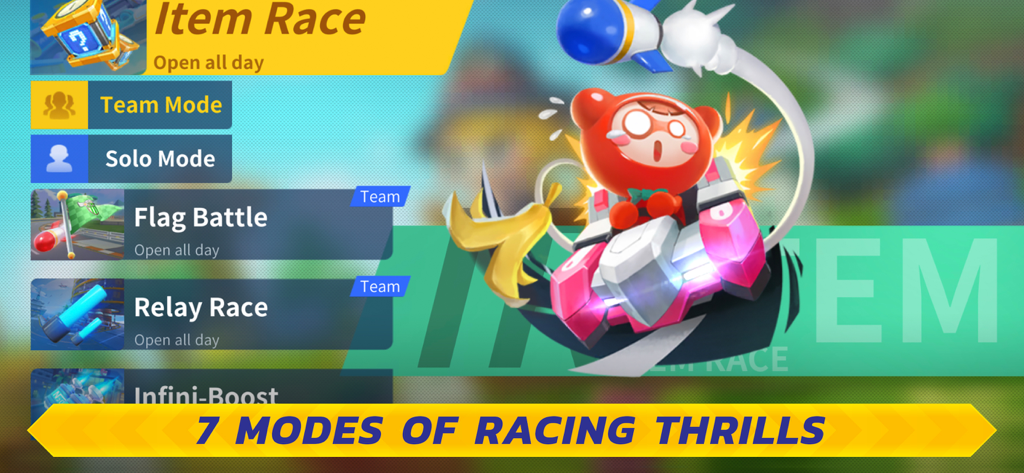 KartRider Rush Plus game menu displaying multiple racing modes including Item Race, Flag Battle, and Relay Race