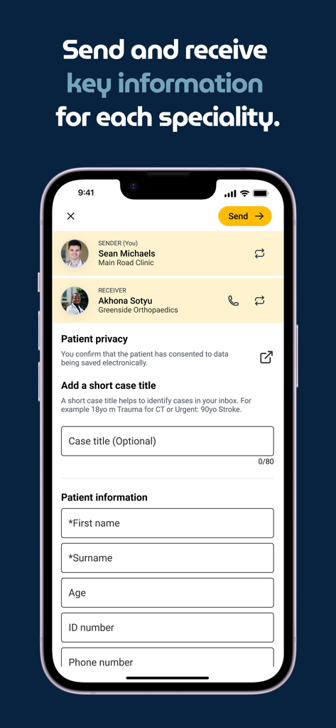Vula Medical Referral - Una interfaz móvil que muestra un formulario de referencia médica estructurado con campos para información del paciente y consentimiento de privacidad.