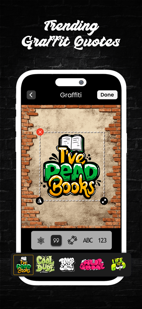 Interface of the Graffiti Creator app showing a stylized graffiti quote on a brick wall background