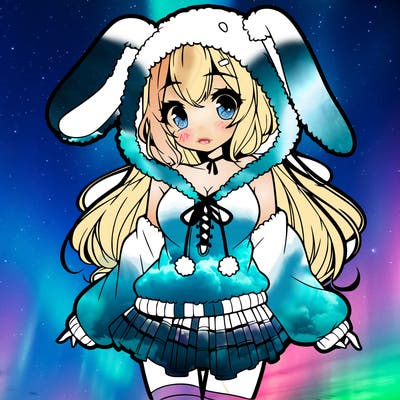 pretty anime girl wearing a fluffy hoodie with bunny ears on the hood and a skirt