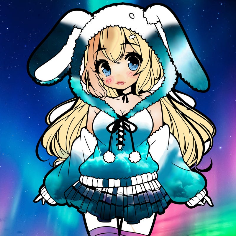 pretty anime girl wearing a fluffy hoodie with bunny ears on the hood and a skirt