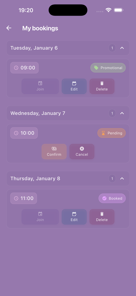 Small-Talk - Small Talk 앱 인터페이스, 예약된 대화 세션과 상태 레이블을 보여주는 내 예약 화면