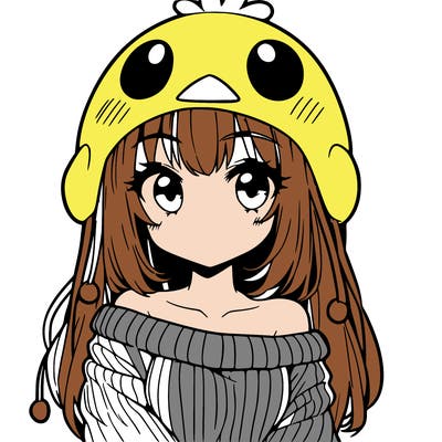anime girl with chick shaped hat with sweater with bare shoulders with bangs covering them one eye with low tail