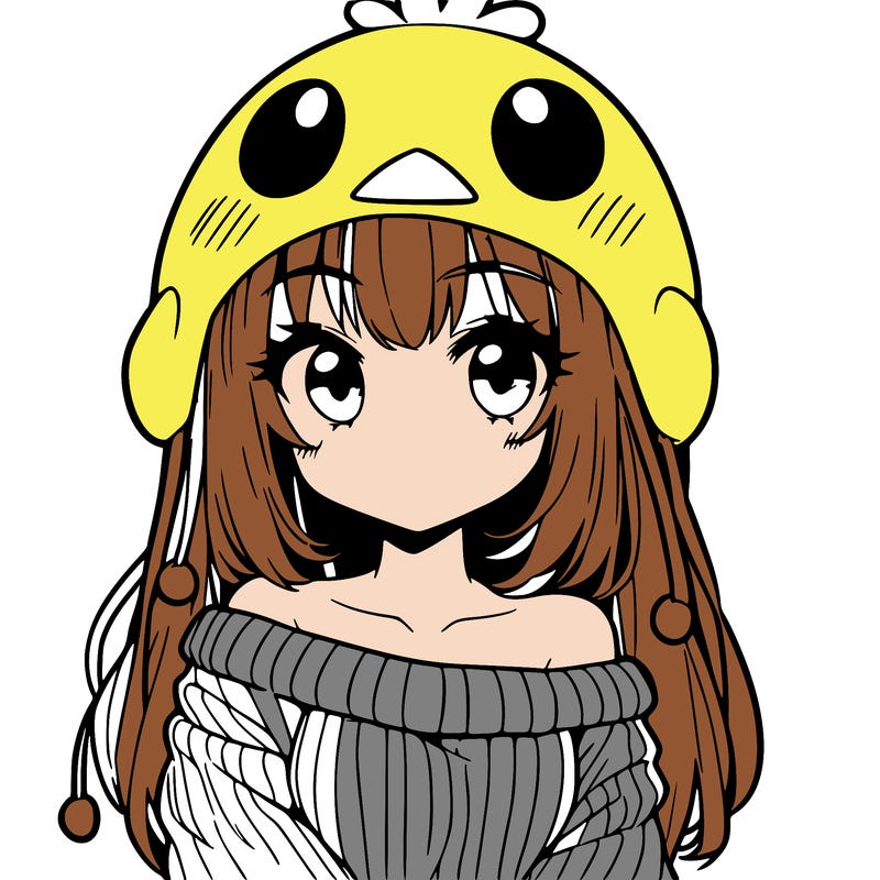 anime girl with chick shaped hat with sweater with bare shoulders with bangs covering them one eye with low tail