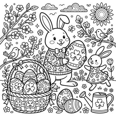 Dive into the cheerful spirit of Easter with this delightful coloring page, blending festive bunnies with lucky shamrock designs. Discover a charming scene filled with decorated eggs, blossoming flowers, and playful creatures ready for your creative touch.