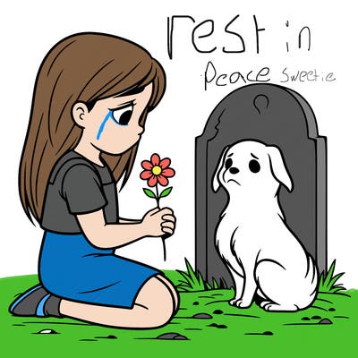 girl, sitting at a dog grave, sitting down flower and a dog ghost in front of her realistic