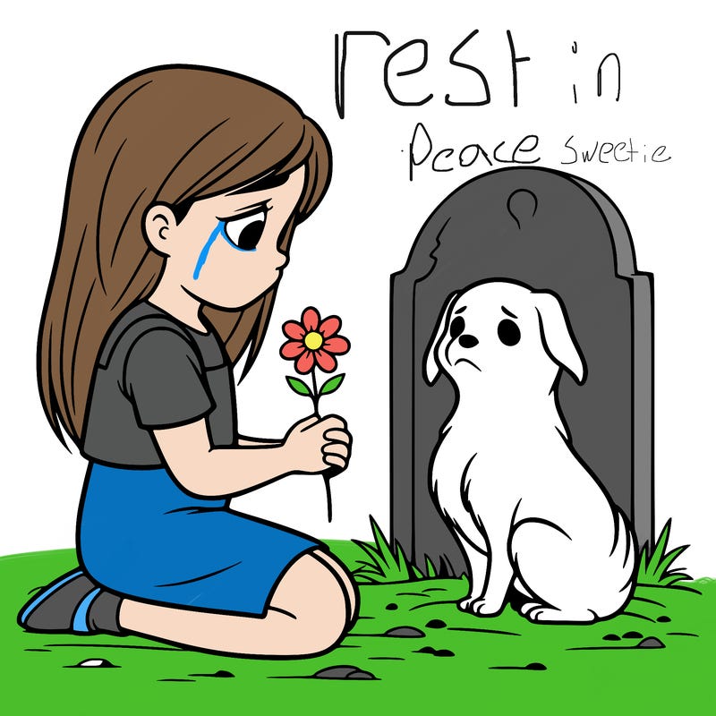 girl, sitting at a dog grave, sitting down flower and a dog ghost in front of her realistic