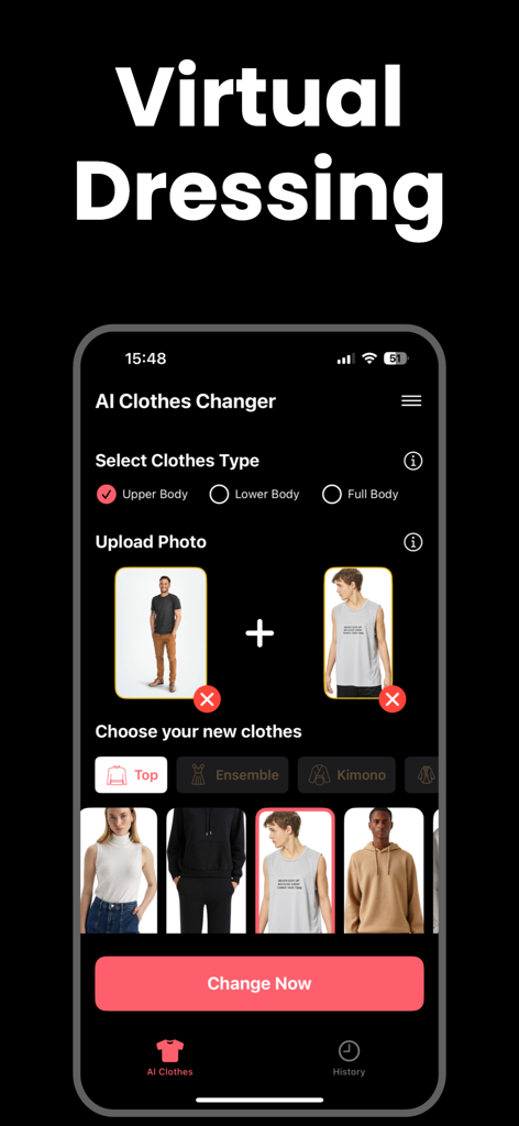 AI Clothes Changer - AI Outfit - Interface do aplicativo AI Clothes Changer mostrando opções para experimentar virtualmente e selecionar looks
