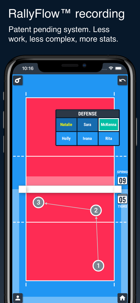 Mobile interface of the iStatVball 3 app featuring the RallyFlow recording system for real-time volleyball statistics tracking on a digital court