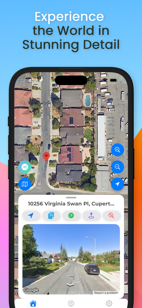 Lite Maps: 3D & Street View - Lite Maps app displaying a satellite view and street view preview of a neighborhood in Cupertino.