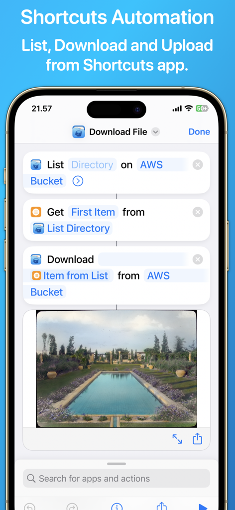 S3 Client - Files location - Integração do aplicativo S3 Client com Atalhos do iOS mostrando um fluxo de trabalho automatizado para listar e baixar arquivos de um bucket AWS S3