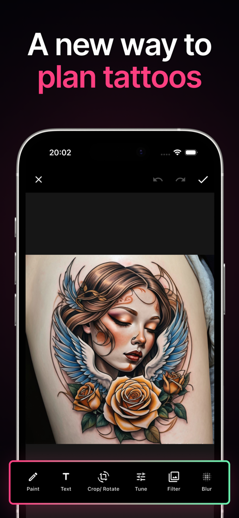 Smartphone-Bildschirm, der die Tattoo-KI-App-Oberfläche mit einem individuellen Tattoo-Design einer Frau und gelben Rosen anzeigt.