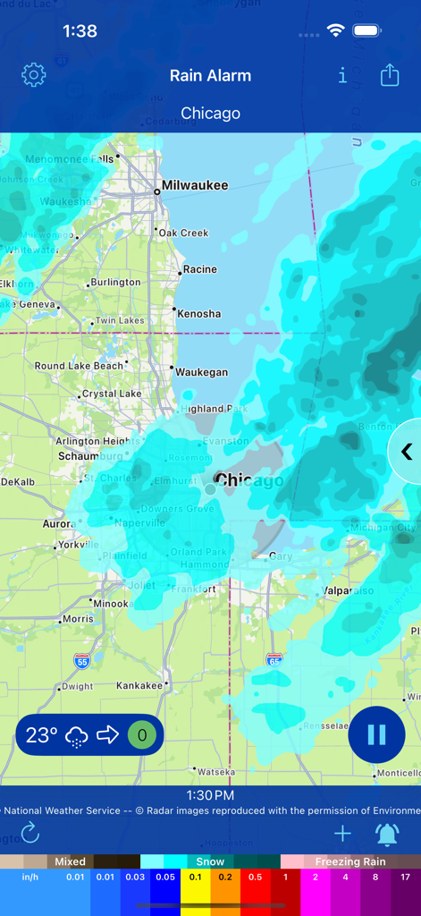 Rain Alarm Live Weather Radar - Real time Doppler radar map showing precipitation over Chicago and Milwaukee on the Rain Alarm app