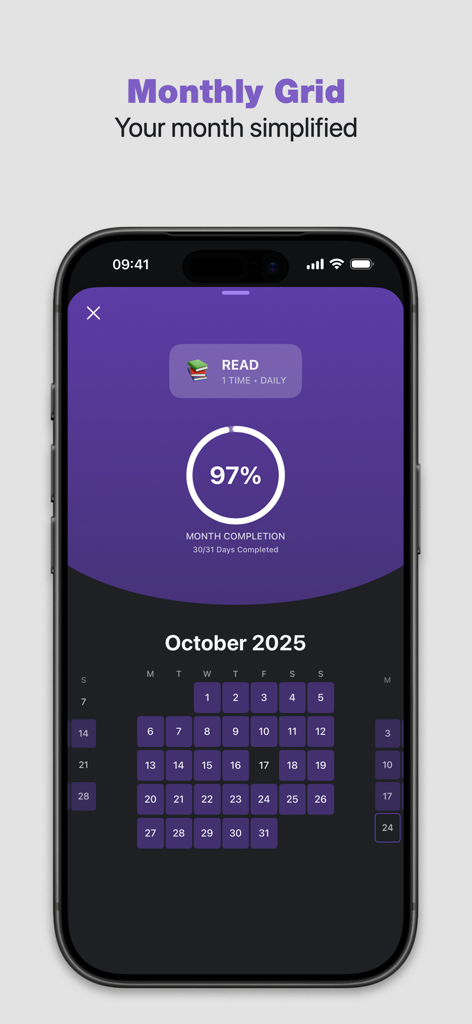 HabitGlass: Habit Tracker - A screenshot of the HabitGlass app showing a monthly progress grid for a reading habit with a 97 percent completion rate.