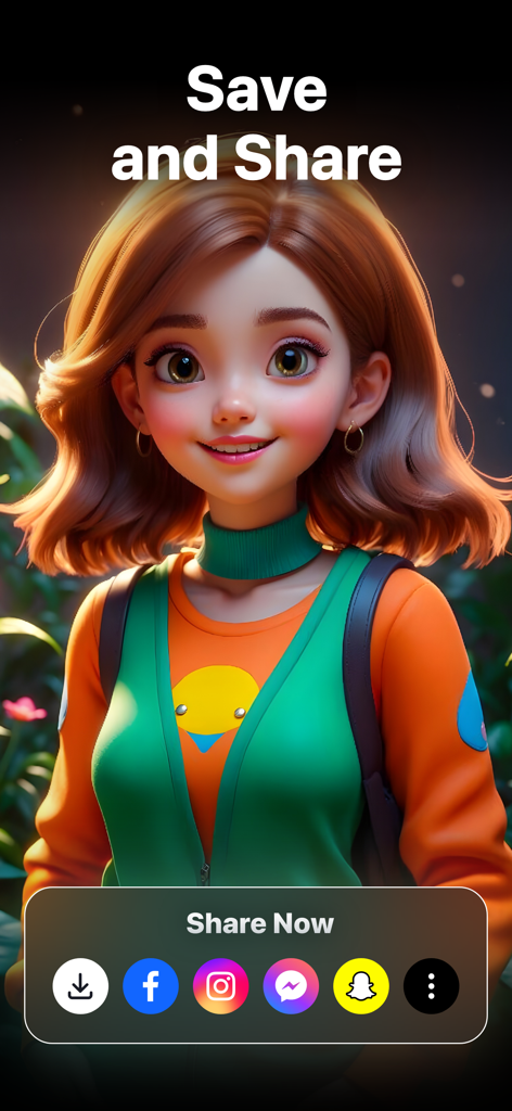 AI Photo Generator - Art Guru - Save and share screen of AI Photo Generator showing a 3D character portrait and social media icons