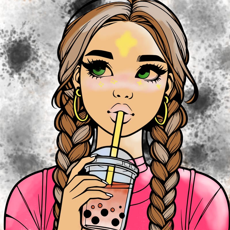 realistic girl with braided hair drinking boba