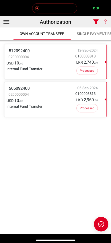 法人バンキングユーザー向けの処理済み内部資金移動と支払い承認の詳細のリストを表示するDFCC iConnectモバイルアプリインターフェース。
