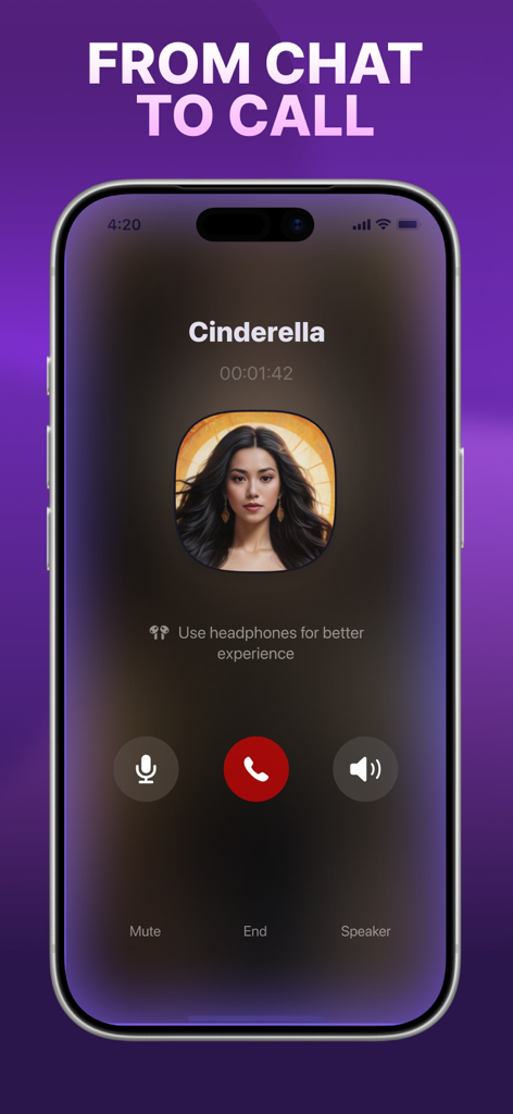 Un écran de smartphone montrant une interface d'appel vocal avec un personnage IA nommé Cendrillon dans l'application Botify AI.
