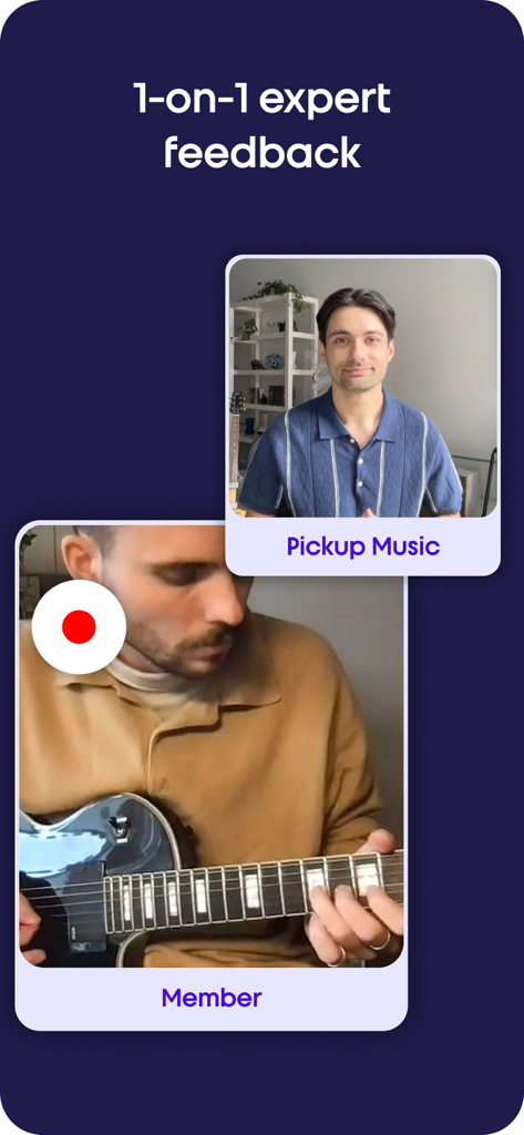 Pickup Music: Guitar & Bass - A guitar student receiving personalized video feedback from a Pickup Music instructor.