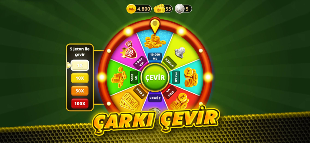 Çanak Okey - Mynet Oyun - Daily spin the wheel feature in the Canak Okey app showing virtual rewards like coins and VIP status