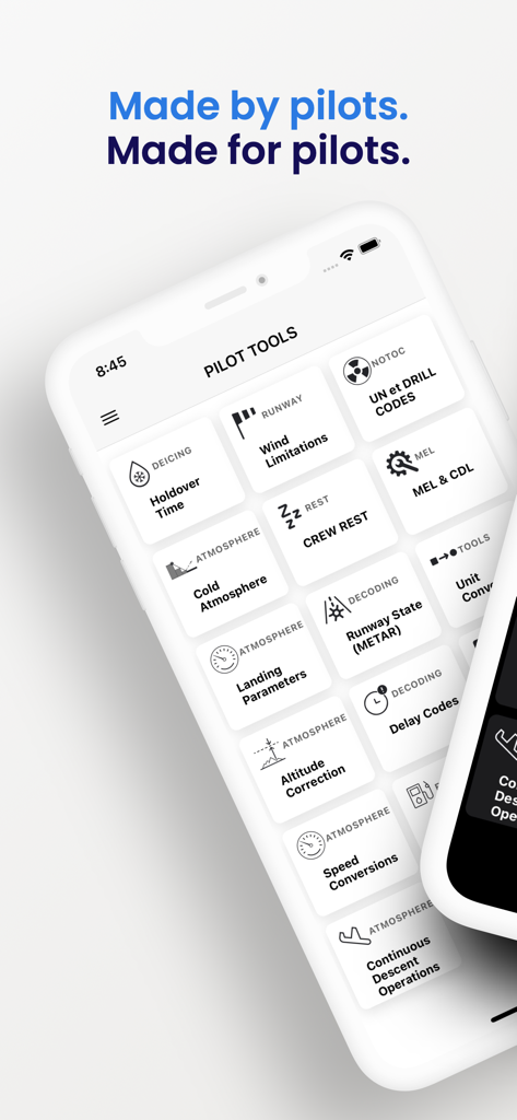 Pilot Tools - Panel de la aplicación móvil Pilot Tools mostrando módulos de utilidad de aviación como tiempos de espera de antihielo y cálculos de descanso de tripulación.