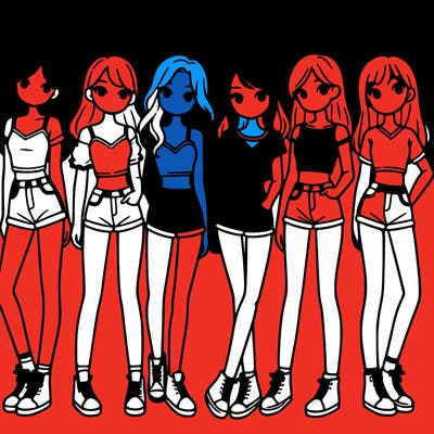 a group of girls wearing crop tops and shorts