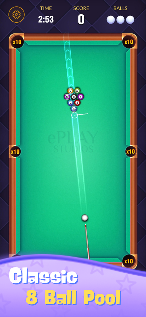 Top-down mobile gameplay of Pocket Money Pool showing a classic 8 ball break shot on a green billiards table